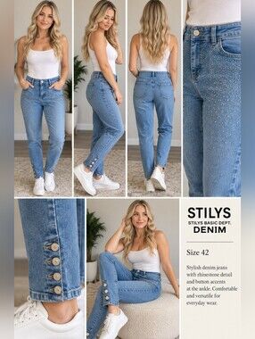 Women’s Light Blue Skinny Jeans with Rhinestone Front and Button Hem